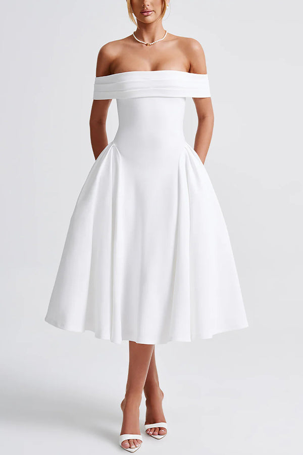 Off Shoulder Foldover Cuff Pleated Pocket Fit and Flare Midi Dress