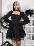 Square Neck Corset Lace-Up Puff Sleeve Pleated Lace Trim Gothic Mini Dress