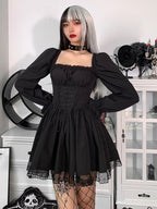 Square Neck Corset Lace-Up Puff Sleeve Pleated Lace Trim Gothic Mini Dress