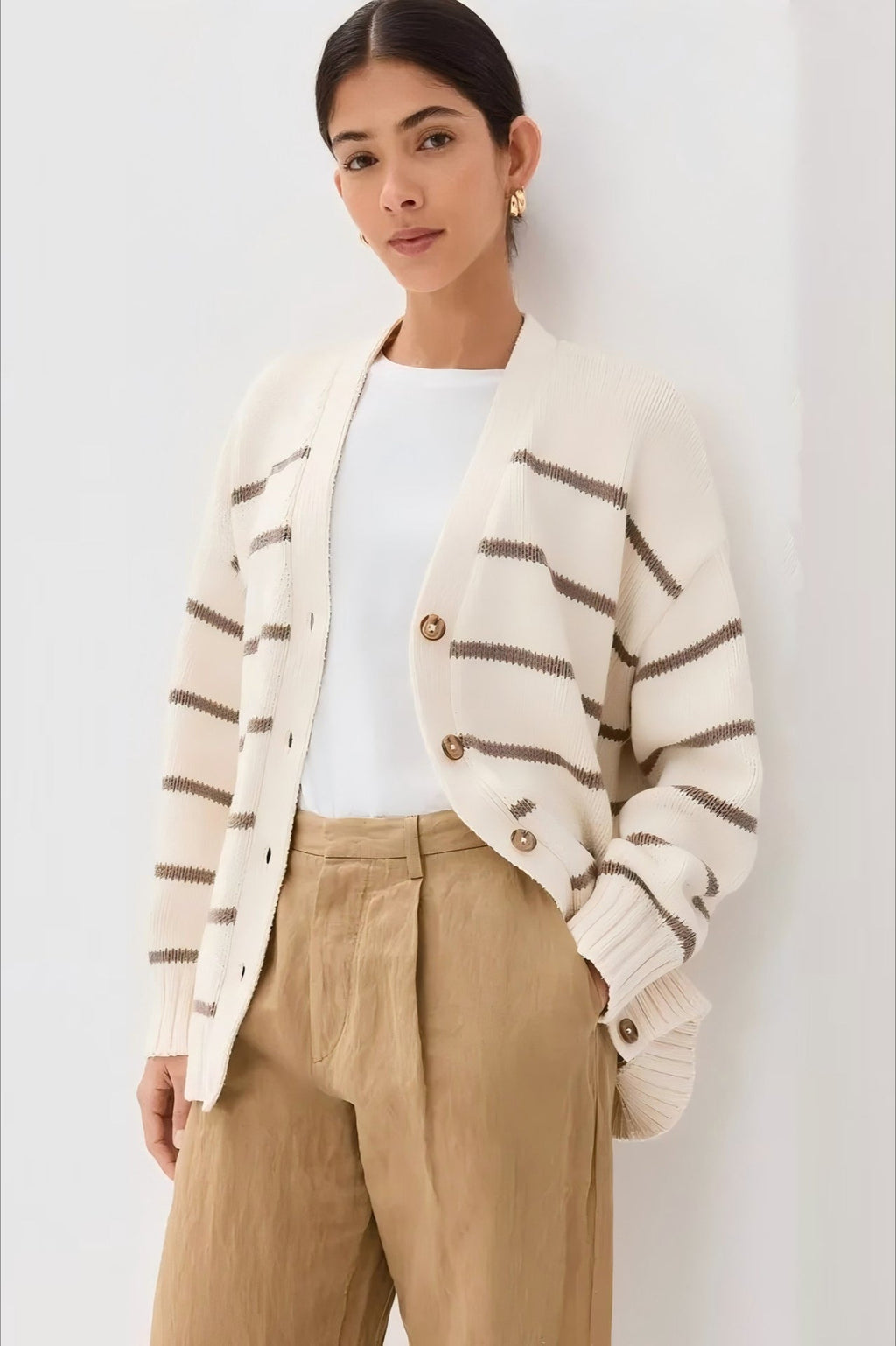 V-Neck Striped Cotton Sweater