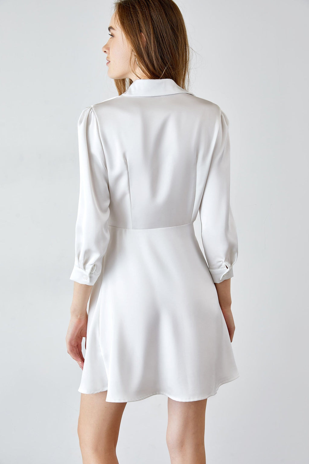 Collared Button Front Twist Waist Asymmetrical Hem Satin Shirt Mini Dress
