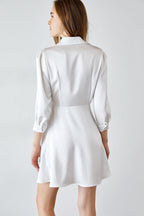 Collared Button Front Twist Waist Asymmetrical Hem Satin Shirt Mini Dress