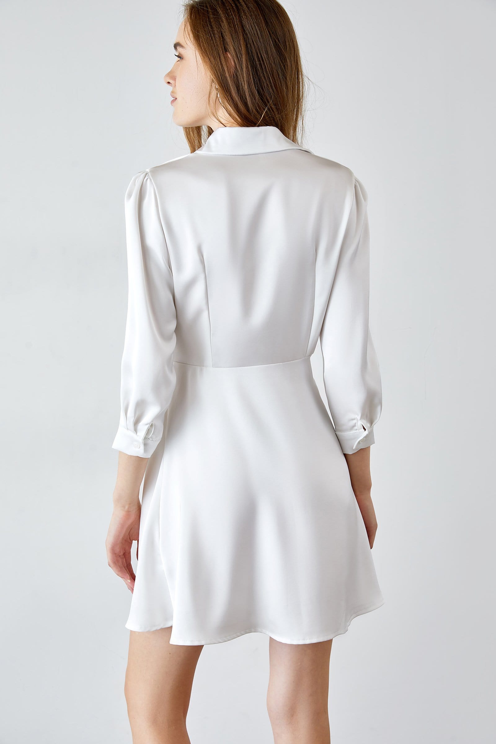 Collared Button Front Twist Waist Asymmetrical Hem Satin Shirt Mini Dress
