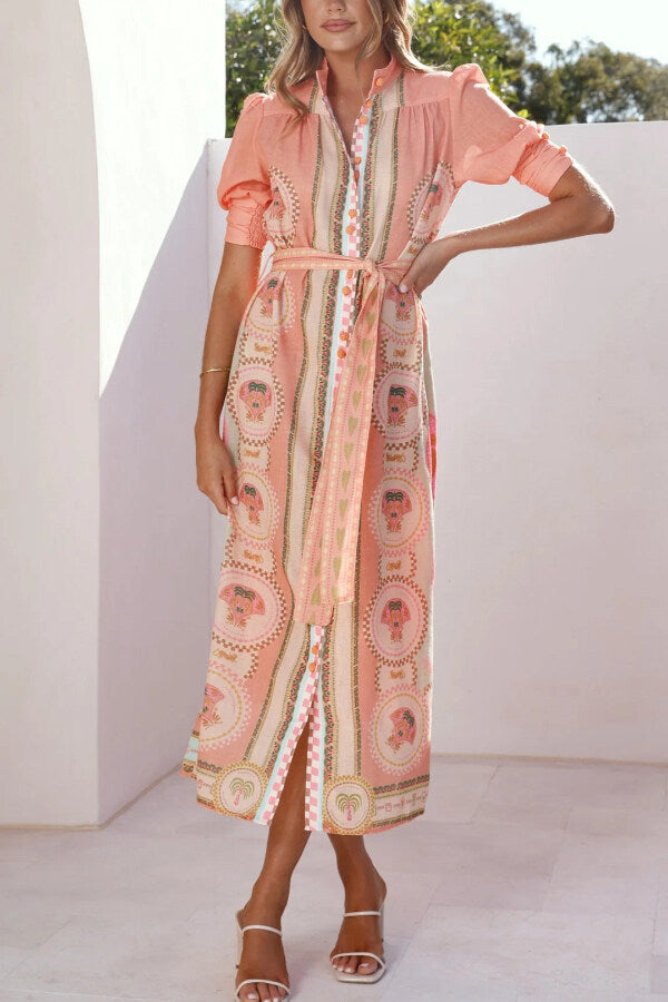 Unique Printed Puff Sleeve Button Lace Up Vacation Maxi Dress
