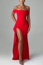 Off Shoulder Ruched Bodycon High Split Maxi Dress