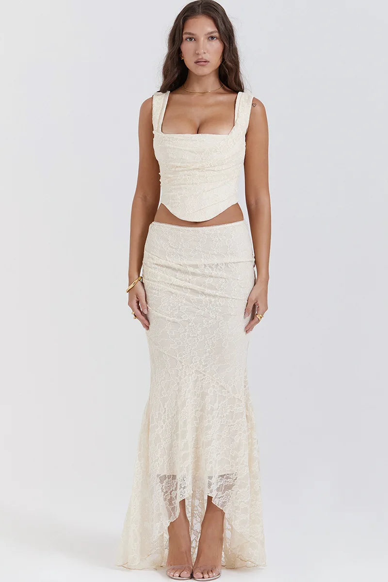 White Lace-up Crop Top And Maxi Skirt Dress
