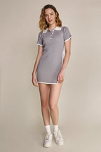 Rib Knit Polo Collar Contrast Trim Wrap Hem Mini Dress