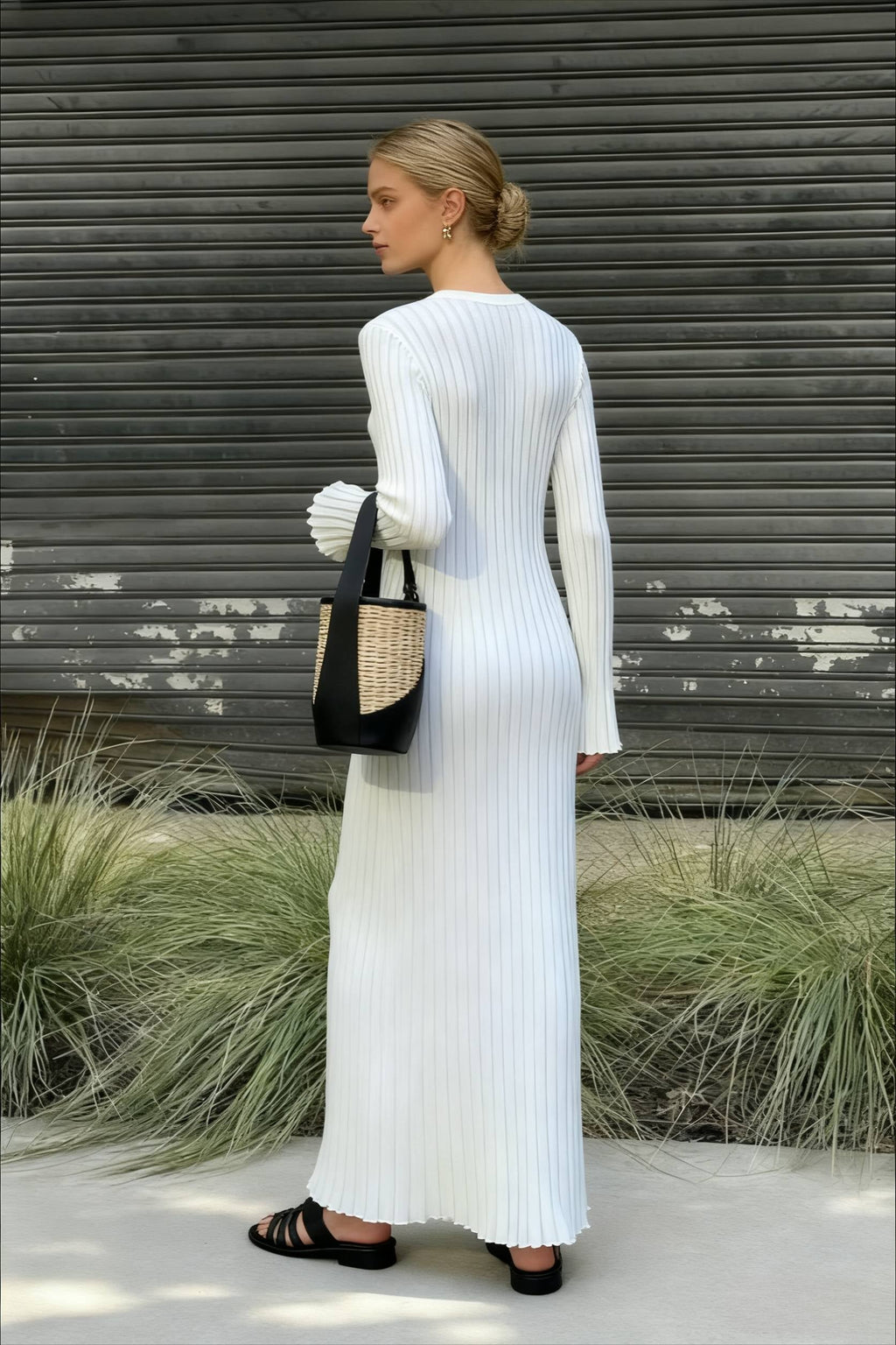 Ribbed Knit Crew Neck Long Sleeve Ruffle Cuff Maxi Dress