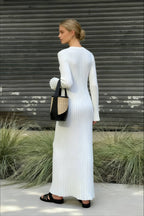 Ribbed Knit Crew Neck Long Sleeve Ruffle Cuff Maxi Dress
