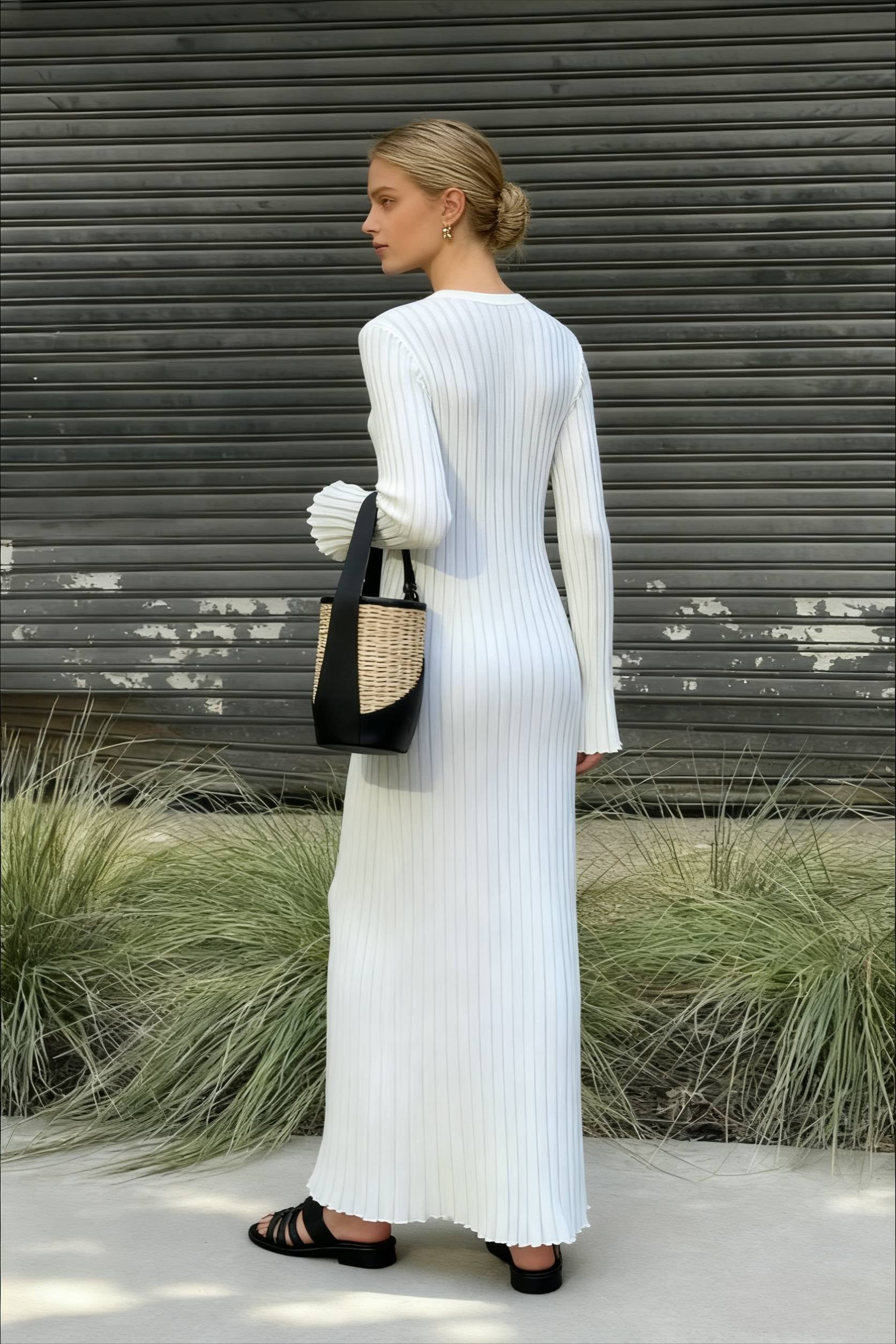 Ribbed Knit Crew Neck Long Sleeve Ruffle Cuff Maxi Dress