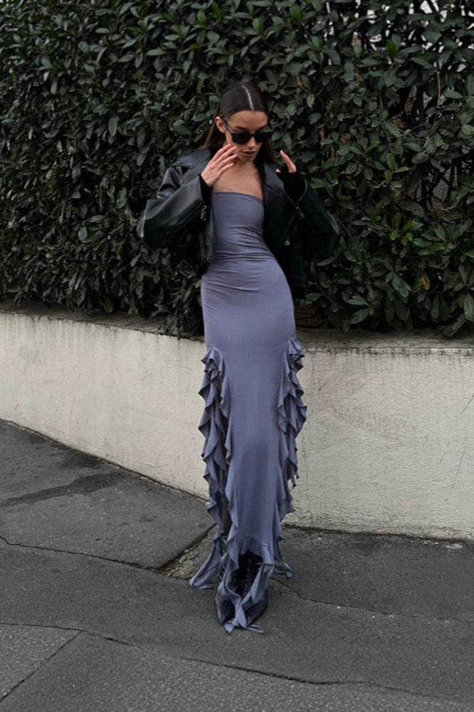Strapless Ruched Ruffle Trim High Slit Midi Dress