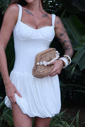 Strapless Sweetheart Neck Ruched Bubble Hem Pleated Mini Dress