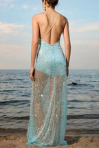 Sequin Spaghetti Strap Backless Low Back Sheer Slip Maxi Dress