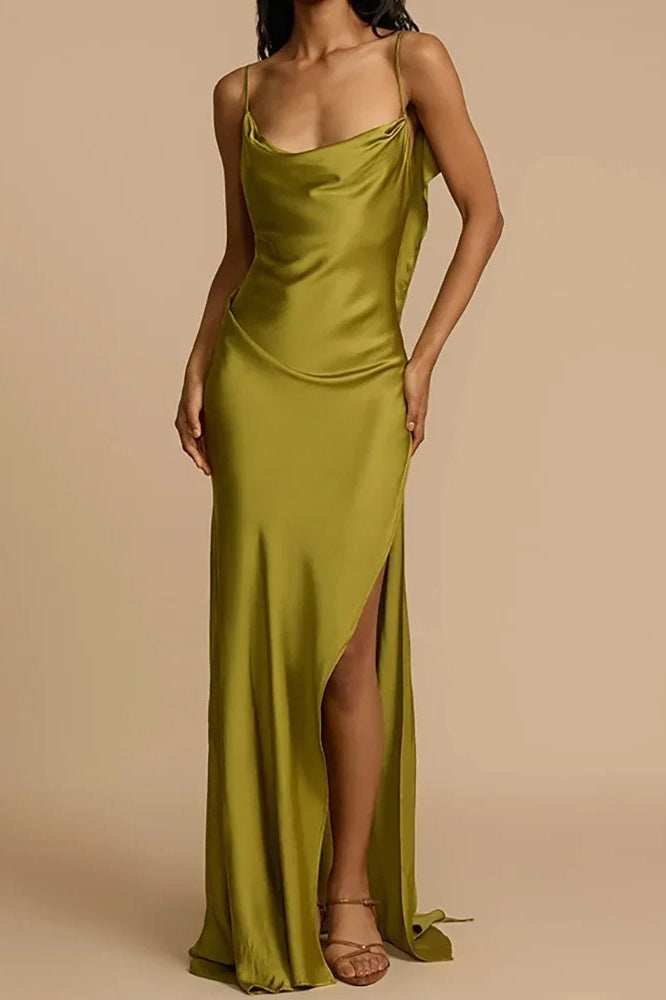Spaghetti Strap Cowl Neck Thigh Slit Satin Maxi Dress