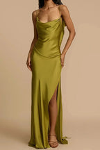 Spaghetti Strap Cowl Neck Thigh Slit Satin Maxi Dress