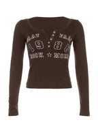 Number Letter Print Breasted Slim Long Sleeve Tee