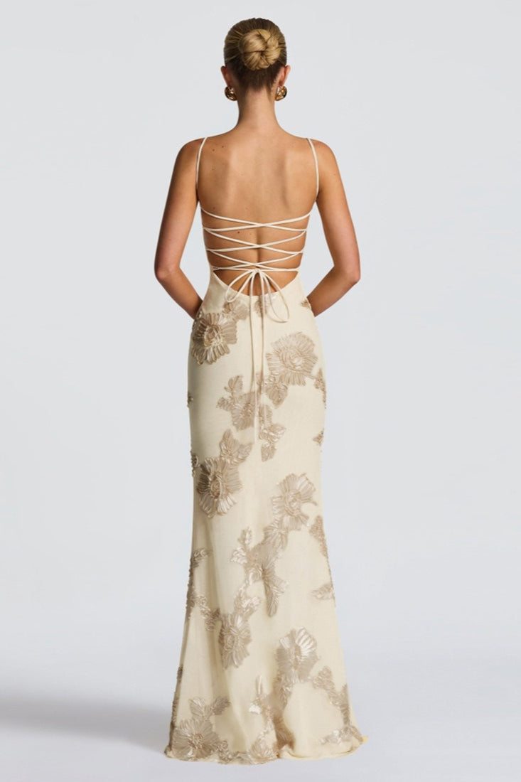 Floral Lace Applique Sweetheart Spaghetti Strap Mermaid Maxi Gown