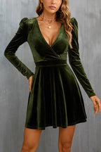 Velvet Surplice V-Neck Puff Sleeve Fit and Flare Mini Dress