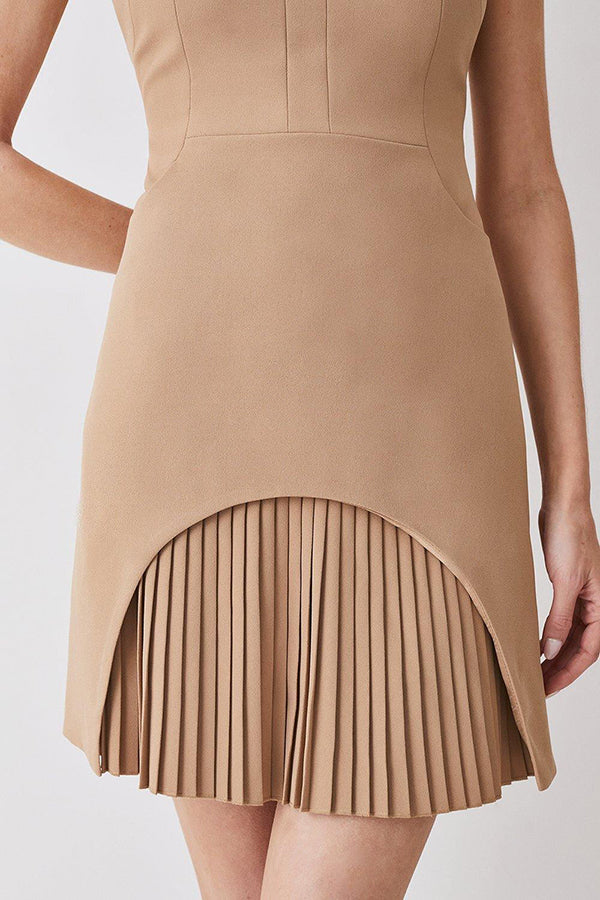 Cap Sleeve Mock Neck Pleated Panel Asymmetrical Mini Dress