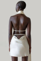 Satin Halter Neck Draped Sash Gathered Mini Dress