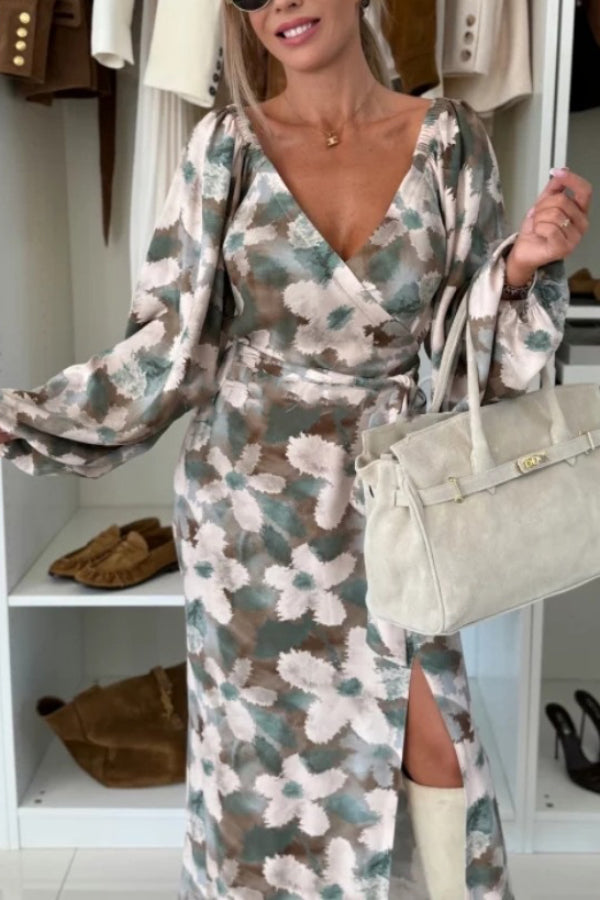 Unique Printed V-neck Long-sleeved Waist Tie Slit Maxi Dress