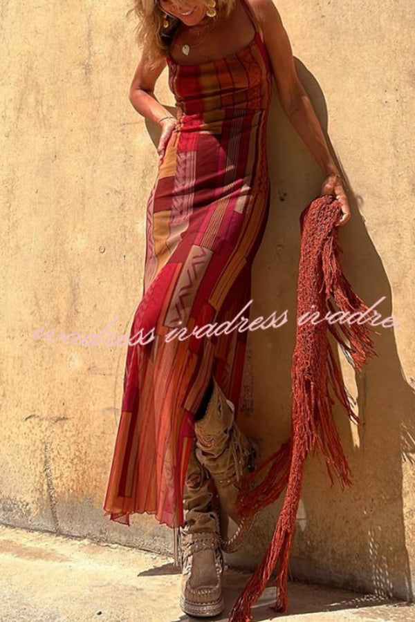 Gypsy Style Unique Print Cowl Neck Back Lace-up Slit Midi Dress