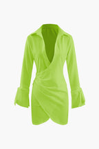 Collar Deep V Neck Tie Cuff Wrap Shirt Mini Dress