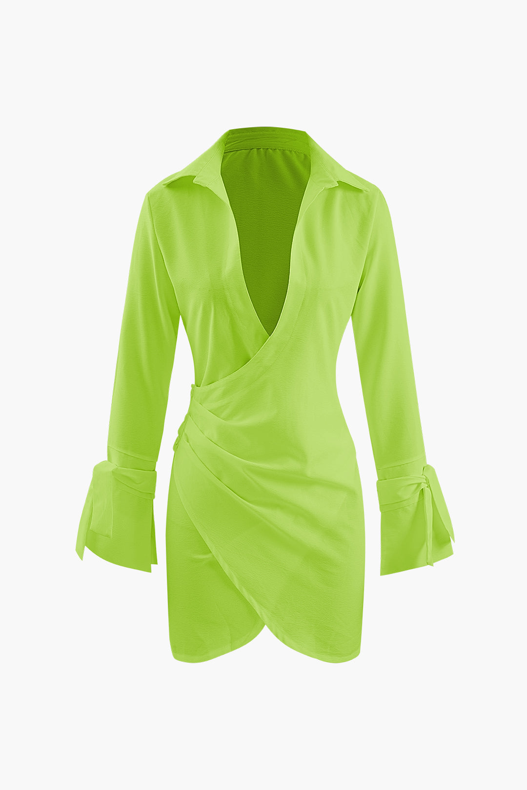 Collar Deep V Neck Tie Cuff Wrap Shirt Mini Dress