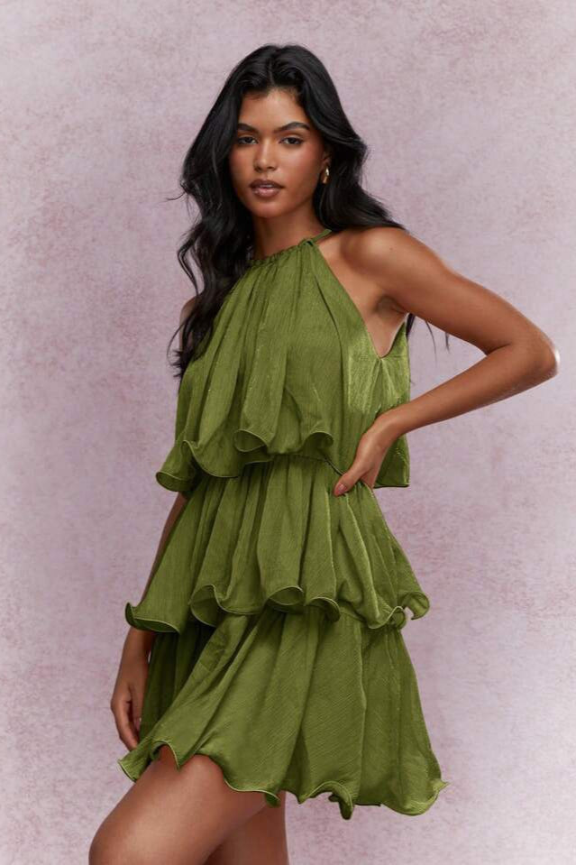 Halter Neck Tiered Ruffle Mini Dress