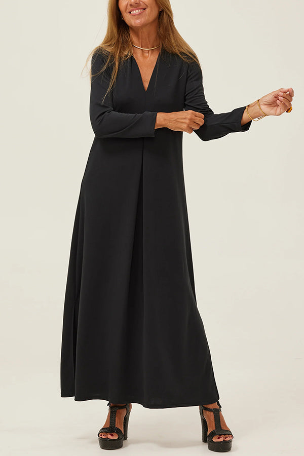 V-Neck Three Quarter Sleeve Relaxed Side Slit Maxi Dress