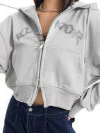 Letter Embroidery Double Zipper Short Oversized Hoodie