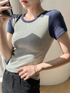 Contrast Color Stitching Crewneck Short Sleeve Knits