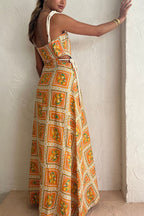 Lemon Print Square Neck Rope Tie Side Cut Out Maxi Dress