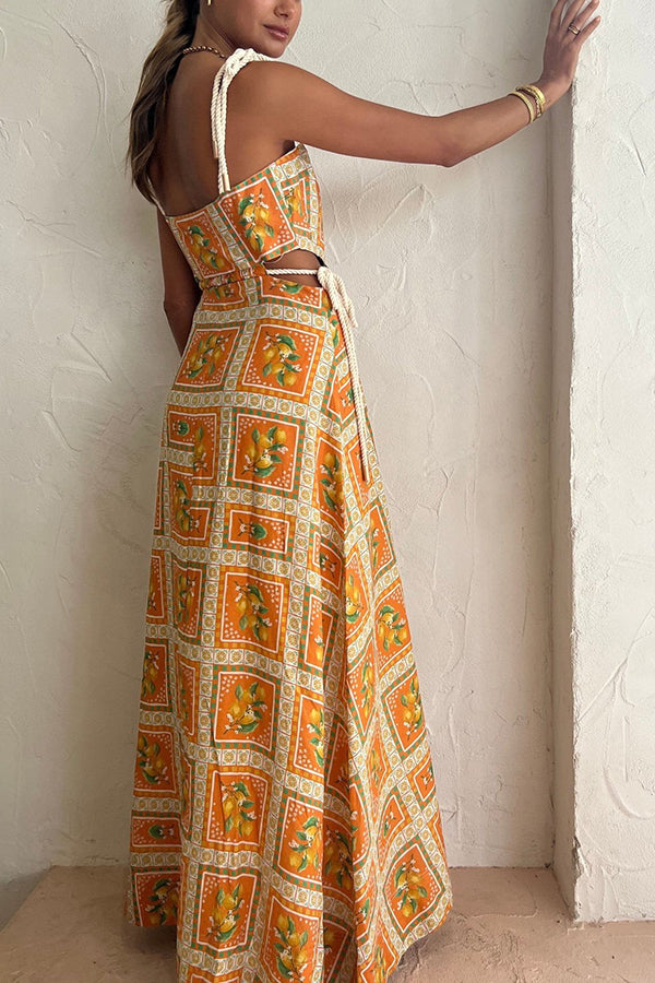 Lemon Print Square Neck Rope Tie Side Cut Out Maxi Dress