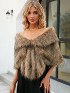 Faux Fur Poncho Bateau Neck Solid Color Fall Winter Women's Cape
