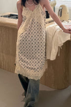 Beige Deep V Neck Eyelash Lace Geometric Print Layered Midi Dress