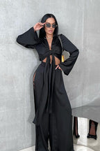 Tie Front Crop Top Split Hem Pants Set