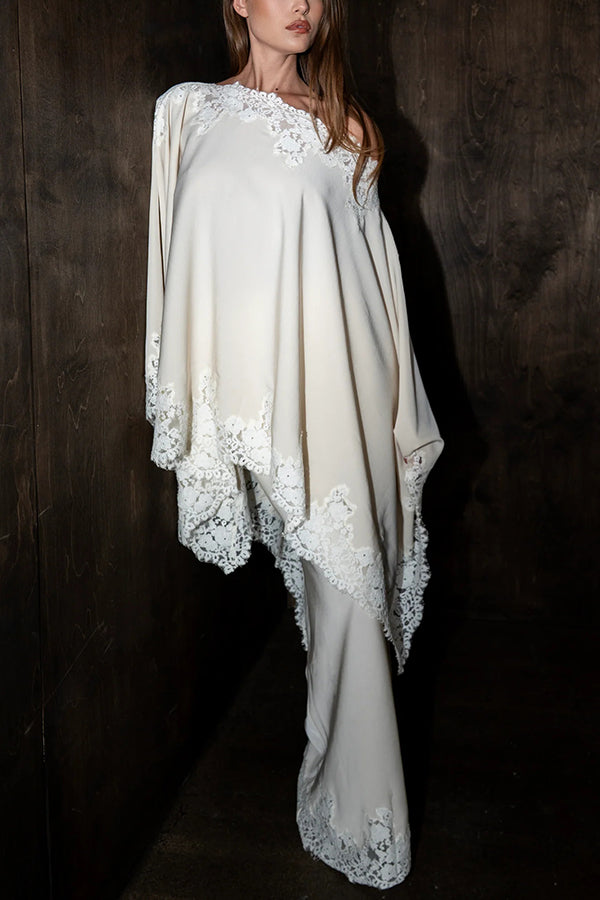 Like A Swan Satin Lace Trim High Rise Elastic Waist Drape Maxi Skirt