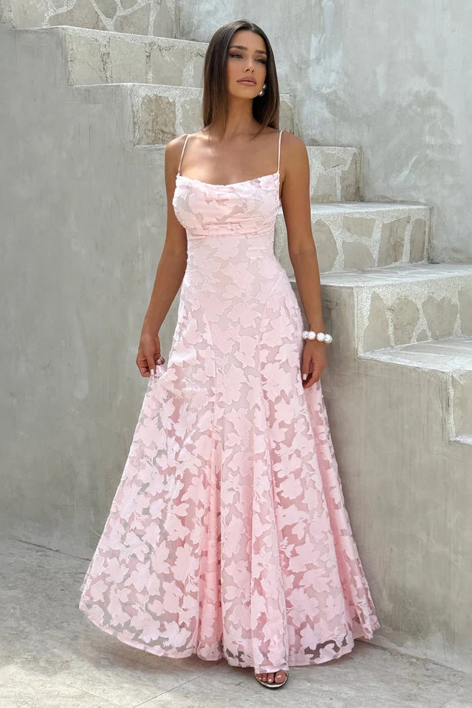 Floral Lace Spaghetti Strap Open Back Tiered Maxi Dress