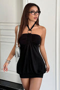 Halter Neck Ring Detail Ruched Bubble Hem Mini Dress
