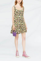 Floral Print Square Neck Wide Strap Fit and Flare Mini Dress