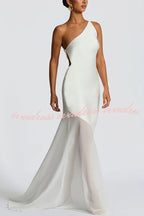 Fable Satin One Shoulder Back Adjustable Straps Contrast Chiffon Hem Maxi Dress