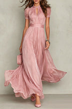 Elegant Lace Trim Keyhole Puff Sleeve Flowing Chiffon Maxi Dress