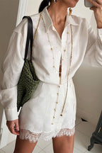 Linen Blend Shirt and Lace-trimmed Shorts Set