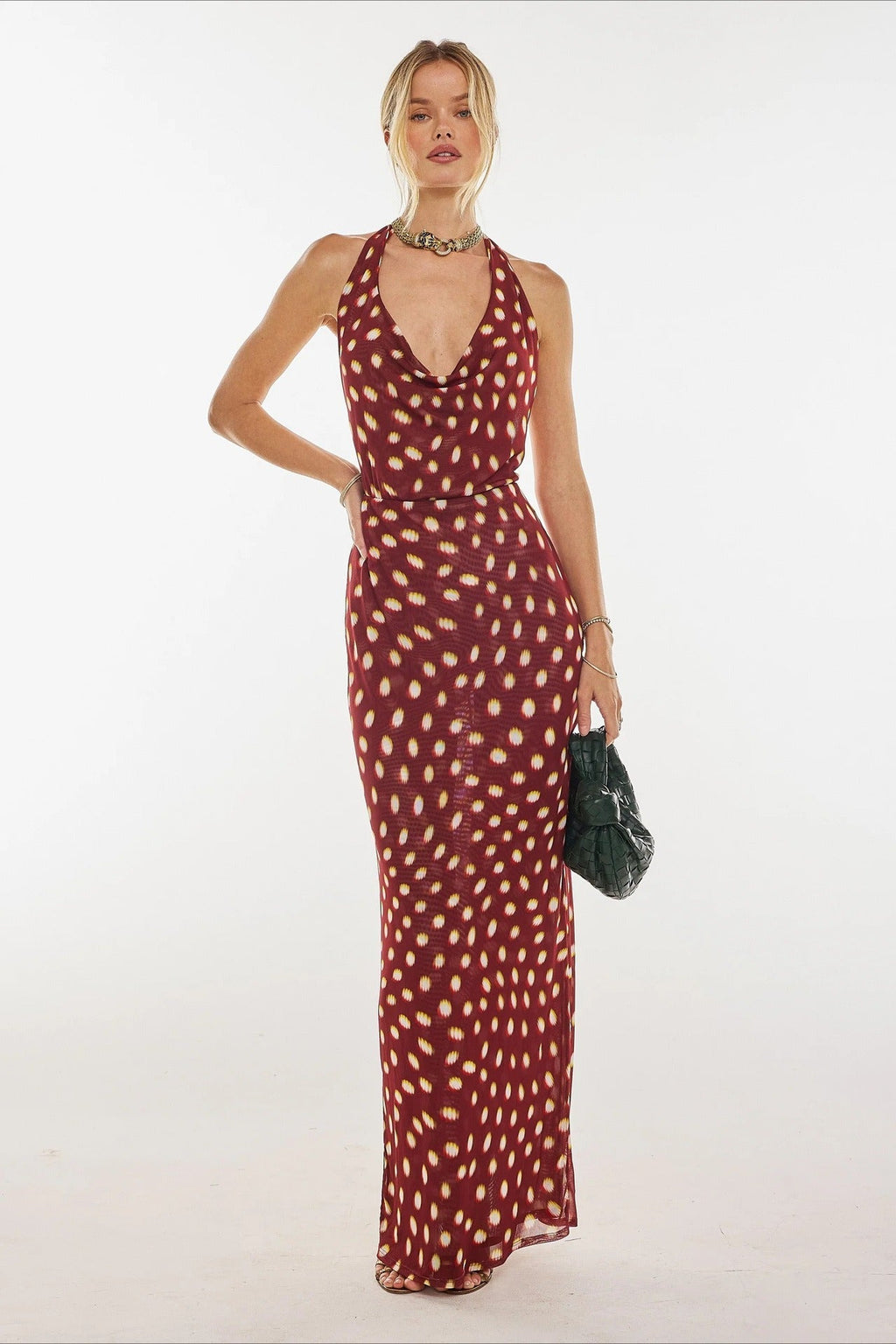 Red Halter Cowl Neck Dropped Waist Gathered Polka Dot Maxi Dress
