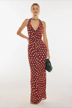 Red Halter Cowl Neck Dropped Waist Gathered Polka Dot Maxi Dress