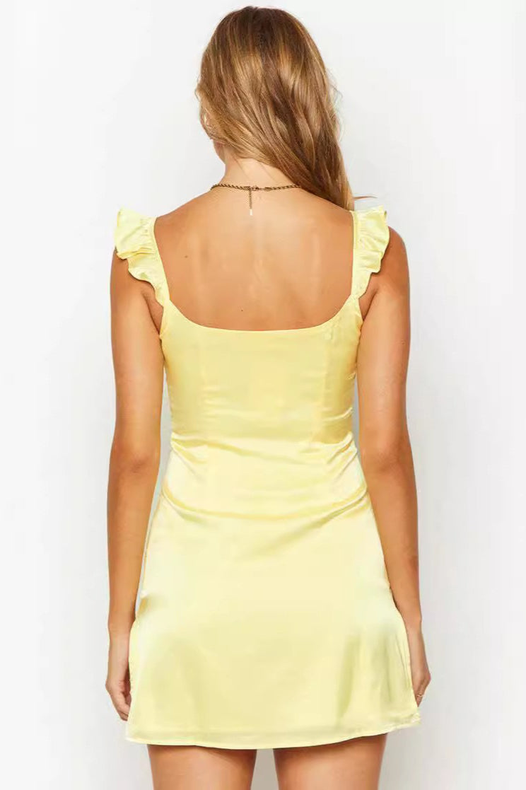Satin Square Neck Ruffle Strap Princess Seam Bodycon Mini Dress
