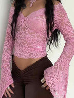 Lace V Neck Slim Flare Design Long Sleeve Shirt