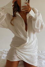 Long Sleeve Shirt Sexy Deep V Linen Mini Dress