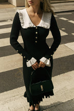 Ribbed Knit Ruffle Collar Pearl Button Bell Cuff Midi Sweater Dress